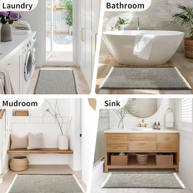 Waffle Runner Bath Mat - Long Boho Bathroom Rugs Non Slip Washable, Super Absorbent & Quick Dry, Soft Bath Mat Farmhouse Bathroom Decor, 24'' x 60'', Olive Green and White