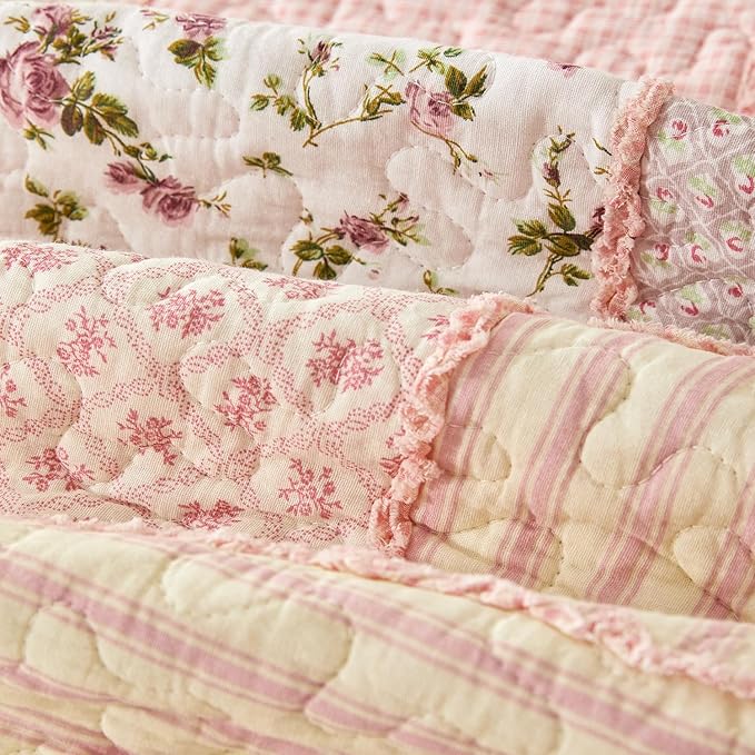 Cmfshape Floral Quilt Sets Bedspread Set 100% Cotton Patchwork Bedding Set, All Season Use Lightweight Reversible Coverlet Quilts with 2 Pillow Shams(King 106"x96")