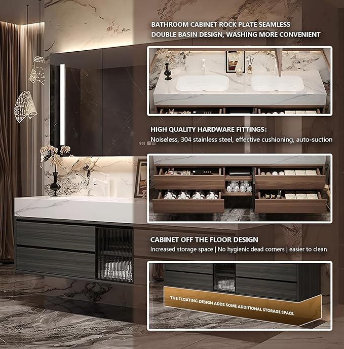 92IN Bathroom Vanity with Double Sink, Modern Bathroom Vanity with LED Smart Defog Mirror Cabinet & Integrated Ceramic Sink, Floating Vanities with Drawers and Glass Cabinet Door (Walnut)