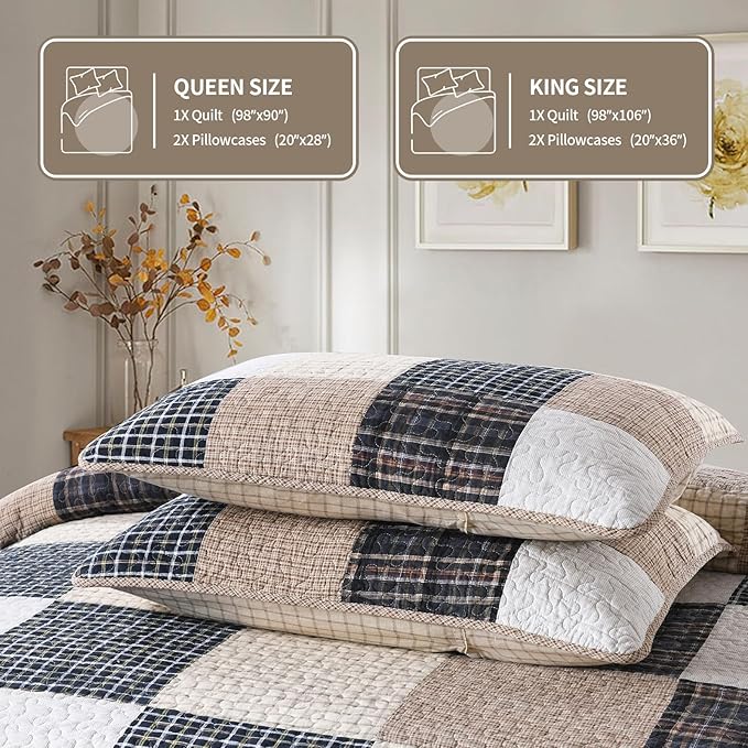 KALOOLA Patchwork King Quilt, 100% Cotton Lightweight King Size Bedspreads 3 Pieces, Tan Brown Beige King Quilt Bedding Set, Farmhouse Rustic Coverlet for All Season