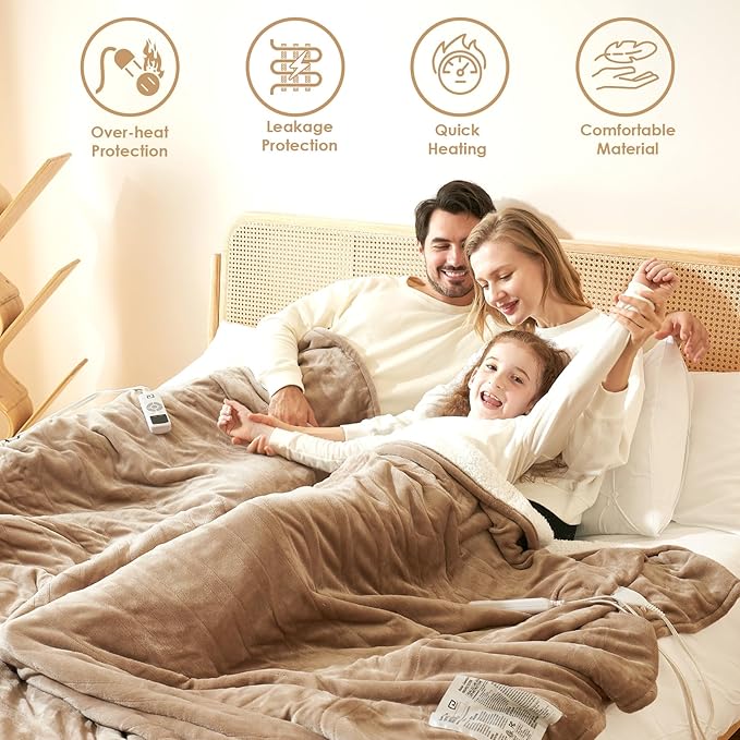 EHEYCIGA Heated Blanket - King Size, 9 Heating Levels, Auto Off, Soft Cozy Sherpa, Dual Control, 90 x 100 Inches