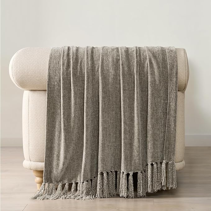 EVERGRACE Soft Chenille Throw Blanket for Couch, Cozy Plush Fuzzy Decorative Chenille Knit Throw Blanket with Tassels, Lightweight Blanket and Throws for Bed Sofa Gift Home Decor, Taupe 50"x60"