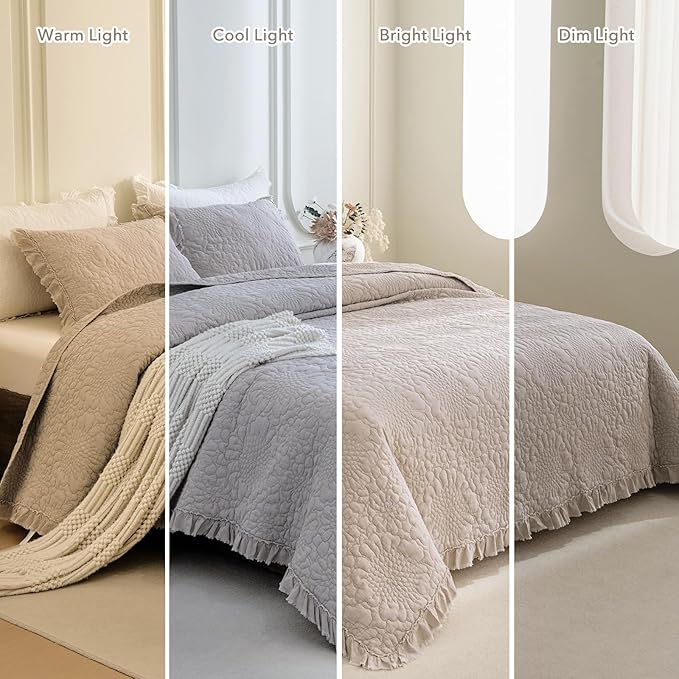 QSH 3PCs Stonewashed Cotton Oversized King Quilt Bedspread Set(128"x120"),Linen Feel Farmhouse Ruffled Bedspread California King,Shabby Soft Lightweight Crinkle Quilt Coverlet Bed Set for All Seasons