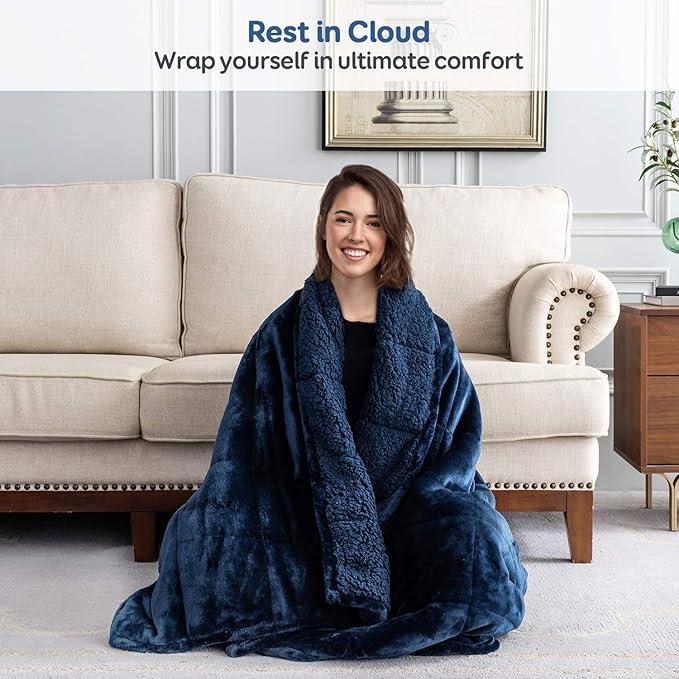 Cottonblue Sherpa Fleece Weighted Blanket 15 lbs for Adults, Warm Flannel Cozy Plush Bed Weighted Throw Blankets,Soft Fuzzy Winter Heavy Blankets Full Twin Size 48 x 72 inches for Sofa, Navy Blue