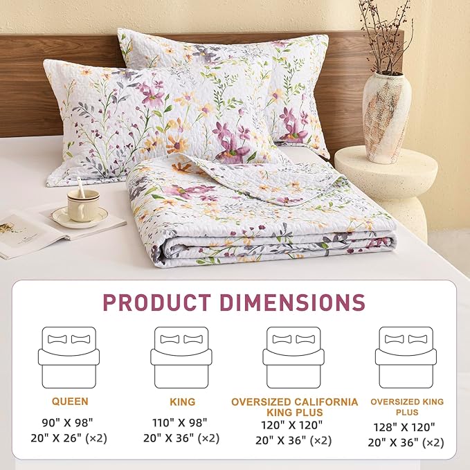 Lady Ann Oversized King Bedspreads for Extra Bed 128x120, Wild Floral Printed Quilt Set 100% Cotton Yellow Flower Botanical Pattern Bedding, Vintage Coverlet with Pillow Shams for All Season, 3 PCS