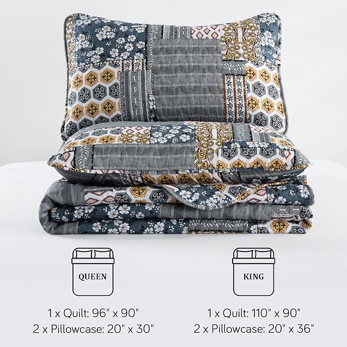 Mybedsoul Dark Grey Quilt Set King Size, 3 Pieces Plaid Floral Bedspread Set Patchwork Reversible Bedding Set Microfiber Lightweight Bedspread Coverlet Set for All Season 110"x90"