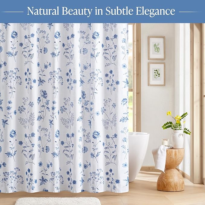 Martha Stewart Martha's Garden Shower Curtain Botanical Floral Print Cotton Shower Curtain for Bathroom, Spa Quality Modern Shower Curtains Standard Size, 72x72 Blue