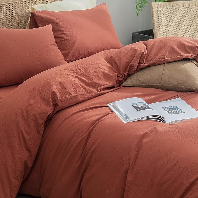 BESTOUCH Duvet Cover Set 100% Washed Cotton Linen Feel Super Soft Comfortable Chic Lightweight 3 PCs Home Bedding Set Solid Crimson Red Cal King