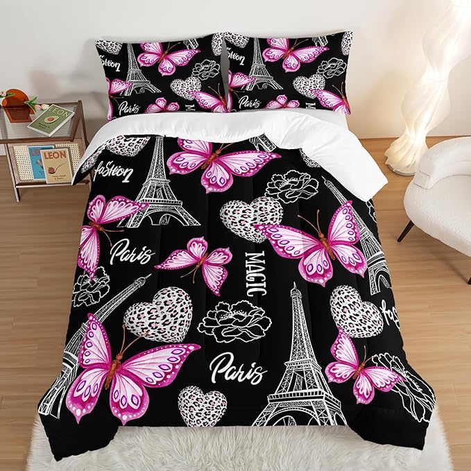 Pink Butterfly Comforter Twin Bedding Sets for Girls, Eiffel Tower Leopard Heart Pattern Bedding Sets with 2 Pillowcases,Aesthetic Bedding for Women Girls Bedroom Paris Decor.