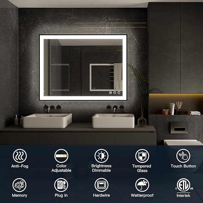ISKM Framed LED Mirror for Bathroom 36"x36", Dimmable LED Bathroom Mirror with Lights, Anti-Fog, Front and Backlit Lighted Mirror 3-Colors, Shatterproof, Memory Function