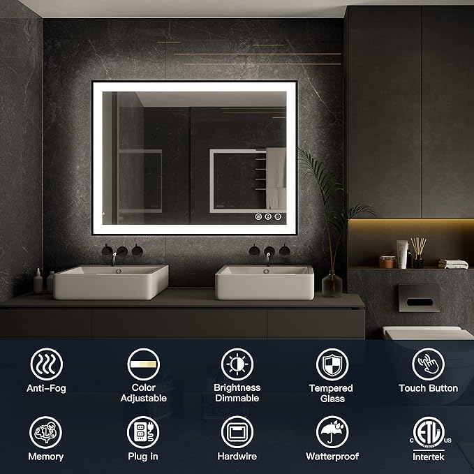 ISKM Framed LED Mirror for Bathroom 40"x36", Dimmable LED Bathroom Mirror with Lights, Anti-Fog, Front and Backlit Lighted Mirror 3-Colors, Shatterproof, Memory Function
