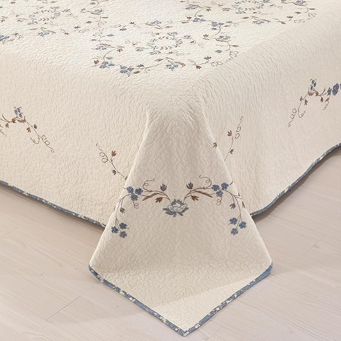 Quilt Set Blue Floral 3D Embroidery Pattern 2 PCS 100% Cotton Reversible Quilted Embroidered Decorative Bedspreads Coverlet Set, Lightweight &Soft Twin Size White Bedding Coverlet for All Season