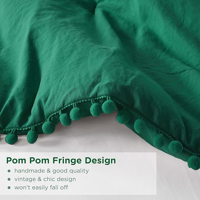 Codi Emerald Green Boho Twin Comforter Set, Aesthetic Luxurious Pom Fringe Design Bedding,Cute Soft Washed Microfiber Bed Sets, Lightweight Chic,1 Comforter & 1 Pillowcase