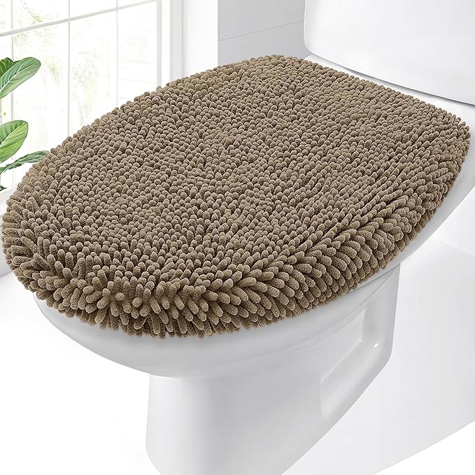 OLANLY Soft Chenille Bathroom Toilet Lid Cover, Machine Washable Seat Covers, 17.5x15, Stays in Place Rubber Backing, Fits Most Round, Elongated and Oblong Lids, Accessories Decor, Tan