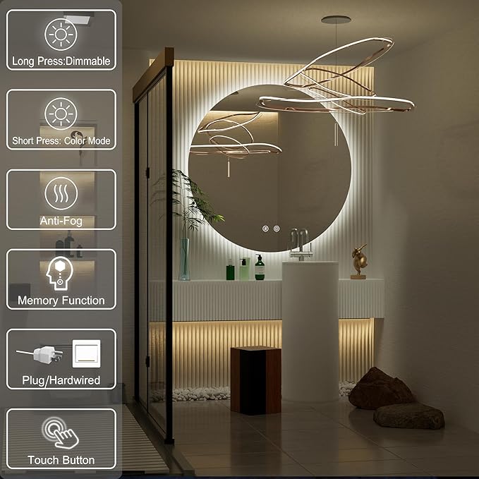 42-inch Round LED Bathroom Mirror with Light, 3 Color Temperatures (3000K/4500K/6000K), Dimmable Backlit, Anti-Fog, 5MM HD Glass, CRI 90+, Memory, Frameless