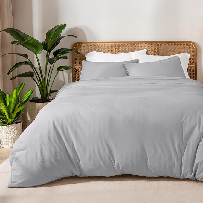 Bare Home 100% Organic Cotton Jersey Duvet Cover Set - Ultra Soft - 100% Cotton - 3pcs - Corner Ties - Button Closure - Bed Duvet Cover & Pillow Shams (King/Cal King, Light Grey)