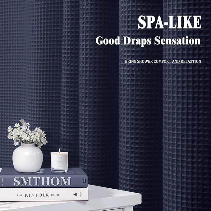 Waffle Weave Shower Curtain - Navy Blue Cotton Fabric Texture Heavyweight Shower Curtain for Bathroom,Washable,72Wx72L