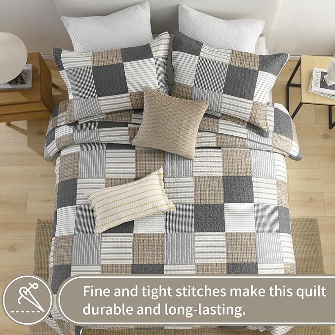 KALOOLA Plaid Quilt King Size, 100% Cotton Soft Lightweight Quilted Bedding Set for King Bed, Farmhouse Reversible Bedspread Coverlet with 2 Pillowshams for All Season, 3 Pcs, Grey/White/Black