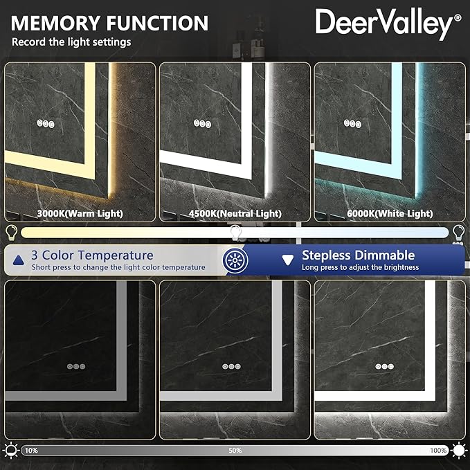 DeerValley LED Bathroom Mirror, 55" x 30" Front and Backlit Wall Mounted Bathroom Vanity Mirror, Anti-Fog, 3 Colors Dimmable, Shatterproof, Tempered Glass, Memory Function (Horizontal/Vertical)