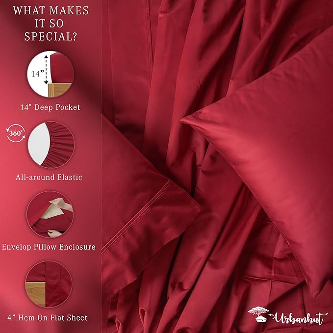 URBANHUT 700 Thread Count Egyptian Cotton Full Sheets, 4Pc Sheet Set Soft Luxury Bed Sheets for Full Size Bed, Sateen Weave Hotel Sheets, 14'' Elasticized Deep Pocket - Burgundy
