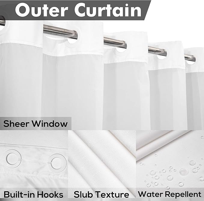 River Dream Extra Long No Hook Slub Textured Shower Curtain with Snap-in PEVA Liner Set - 71" x 98"(96"), Hotel Style with See Through Top Window, Fabric Curtain & Waterproof Liner, White, 71x98