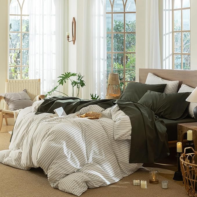 MooMee Bedding Sheet Set 100% Washed Cotton Linen Like Textured Breathable Durable Soft Comfy (Solid Olive Green, Full)