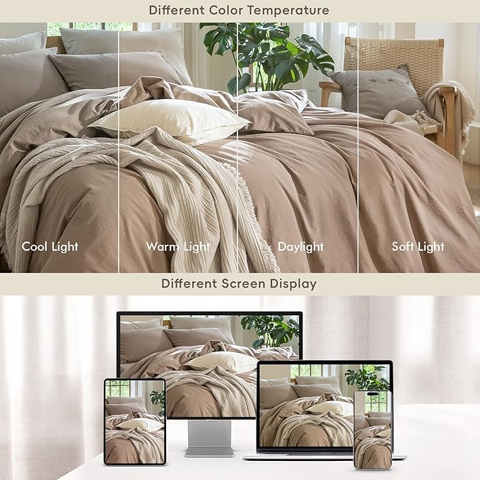 MooMee Bedding Duvet Cover Set 100% Washed Cotton Linen Like Textured Breathable Durable Soft Comfy (Solid Brown, Super King 108"x98")