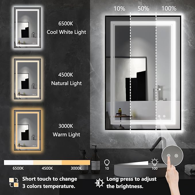 LED Bathroom Mirror with Front and Backlit 24"x36", Black LED Mirror for Bathroom,Dual LED Strips, Fogless, Dimmable, 3 Color Changing, Shatterproof, Horizontal/Vertical