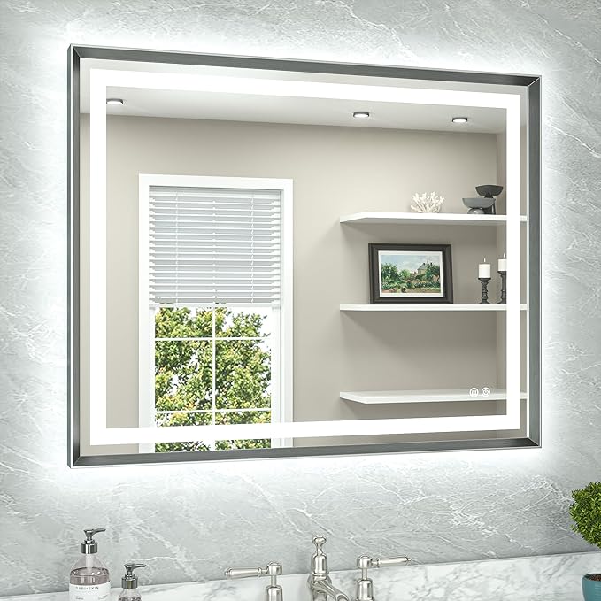 TETOTE 40 x 32 Bathroom LED Mirror Brushed Gunmetal Gray Frame Frontlit & Backlit Vanity Mirror Anti-Fog Stepless Dimmable 3 Colors White/Warm/Natural Wall-Mounted