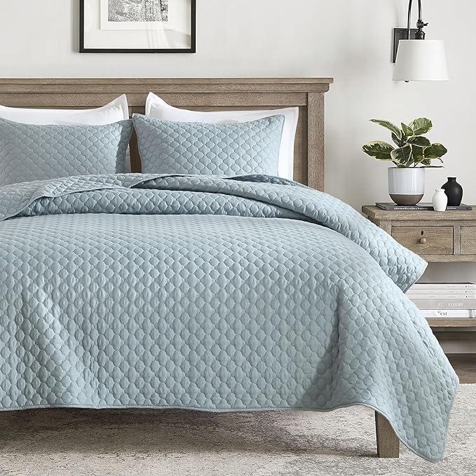 HORIMOTE HOME Quilt Queen Size Chambray Blue, Lightweight Quilt for Summer Ultra-Soft Microfiber Modern Style Quilted Clouds Pattern Bedspread Quit Set 3 Pieces(1 Quilt and 2 Pillow Shams)