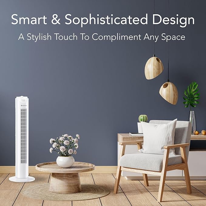 Comfort Zone Tower Fan for Bedroom, 32 inch, 3 Speeds, 90 Oscillation, Bladeless Indoor Fan, Built in Carry Handle, Portable Stand Fan, White