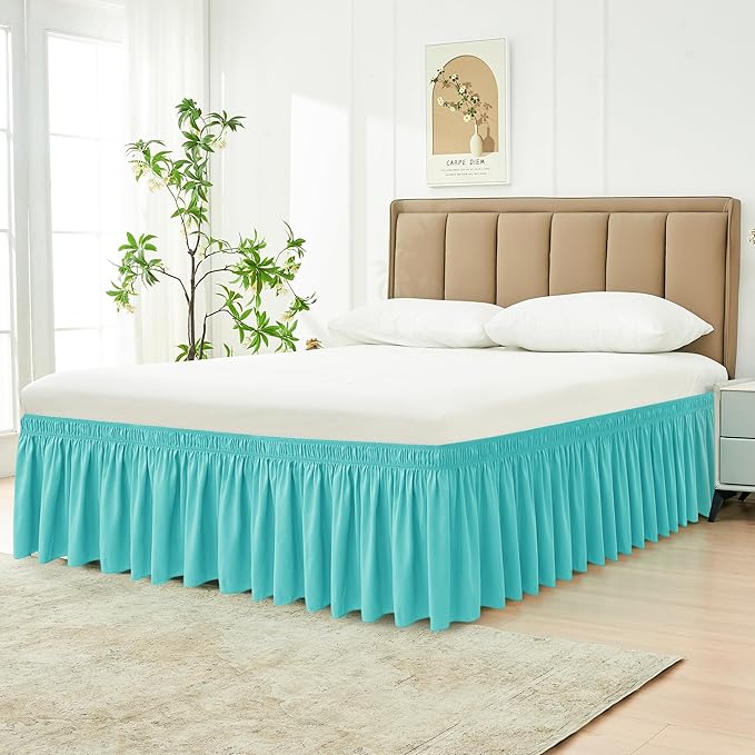 Biscaynebay Wrap Around Bed Skirts for Twin & Twin XL Beds 15" Drop, Aqua Adjustable Elastic Dust Ruffles Easy Fit Wrinkle & Fade Resistant Silky Luxurious Fabric Machine Washable