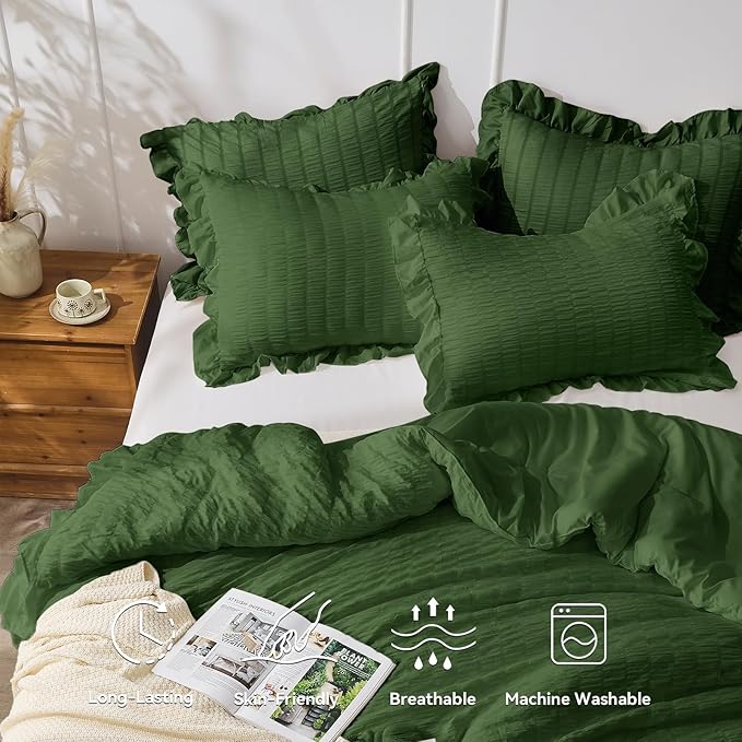 JOLLYVOGUE Dark Green King Comforter Set, 3 Pieces Seersucker Comforters King Size, Lightweight & Fluffy Bedding Sets King for All Season with 1 Ruffle Comforter and 2 Ruffle Pillowshams