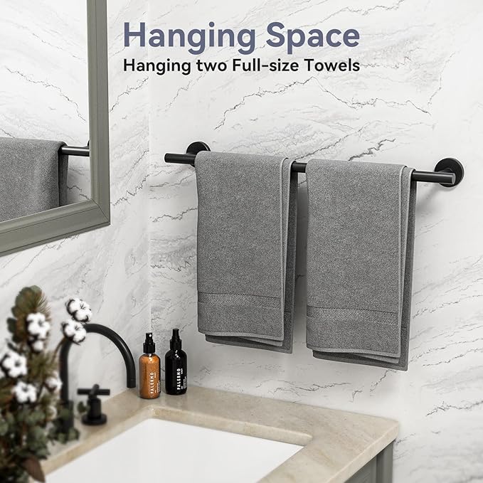 Matte Black Towel Bar, 24 Inch Bathroom Towel Rack, Towel Holder Wall Mounted, Thicken SUS304 Stainless Steel Towel Rod Modern Home Decor (Total Length 26-Inch)