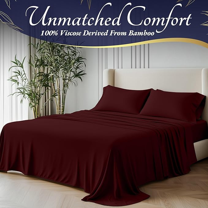 DECOLURE 100% Viscose Derived from Bamboo Sheets Full Size 4pcs - Ultra Soft & Luxuriously Cooling, 17" Deep Pocket, Double Stitching, Perfect for Hot Sleepers - Full Bed Sheets (Burgundy)