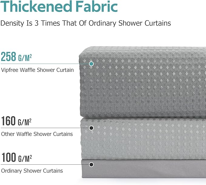 3 in 1 Shower Curtain Set, Waffle Shower Curtain and Liner Set with 12 Double Sided Shower Curtain Hooks, 258GSM Luxury Weighted Cloth Shower Curtains for Bathroom, 72 W x 72 H, Grey