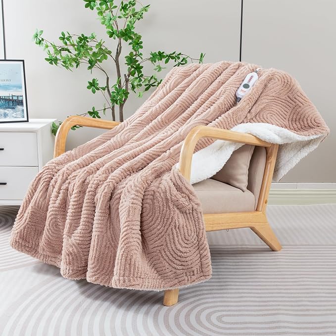 Heated Blanket Twin Size- 62"x84" Cozy Soft Jacquard Heating Blanket with 4 Heat Levels & 4 Hours Auto-Off, Jacquard Fleece, Overheating Protection, Warm Gifts, Brown