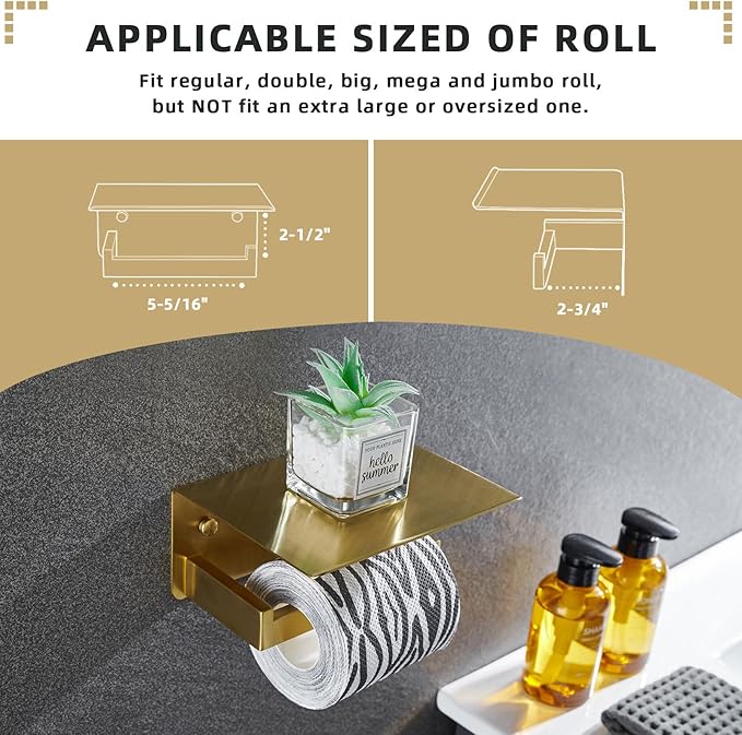 Angle Simple Toilet Paper Holder with Shelf, 304 Stainless Steel Bathroom Tissue Roll Holder for Wall Brushed Gold