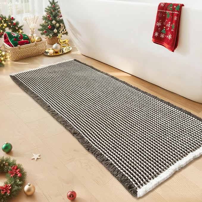 Waffle Runner Bath Mat - Long Boho Bathroom Rugs Non Slip Washable, Super Absorbent & Quick Dry, Soft Bath Mat Farmhouse Bathroom Decor, 24'' x 72'', Olive Green and White