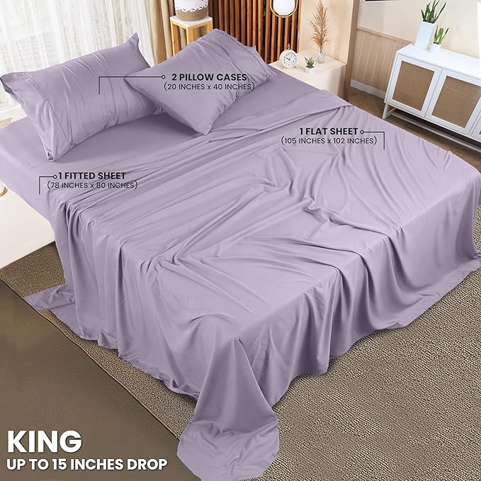 Utopia Bedding King Sheet Set – 4 Piece Bed Sheets for King Size Bed, Soft and Breathable Microfiber, Includes 1 Fitted Sheet, 1 Flat Sheet and 2 Pillowcases (Lavender)