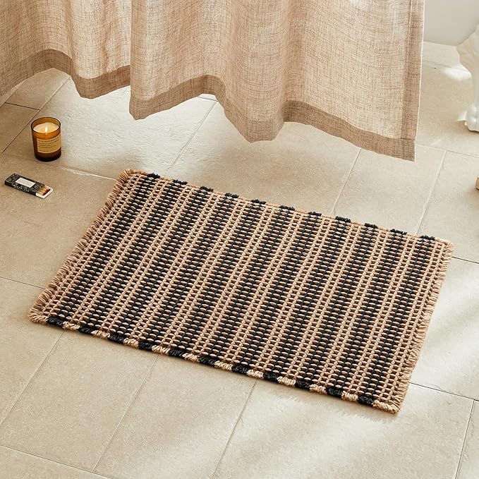 Waffle Bath Mat, Boho Bathroom Rugs Non Slip Washable Super Absorbent Quick Dry Bath Mat Farmhouse Bathroom Decor, 30"x20" Black and Khaki