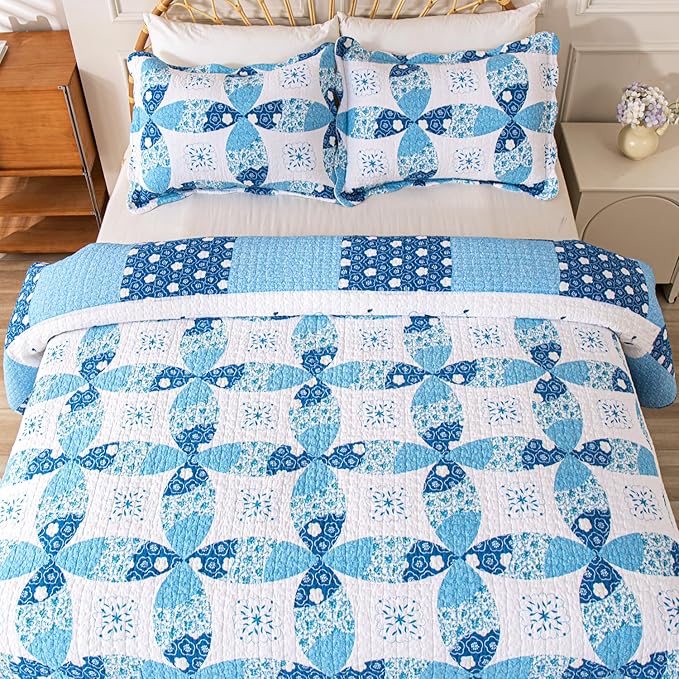 Cmfshape Blue Quilt Sets Bedspread Set 100% Cotton Patchwork Coin Pattern Bedding Set,All Season Use Lightweight Reversible Coverlet Quilts with 2 Pillow Shams(Queen 92"x96")