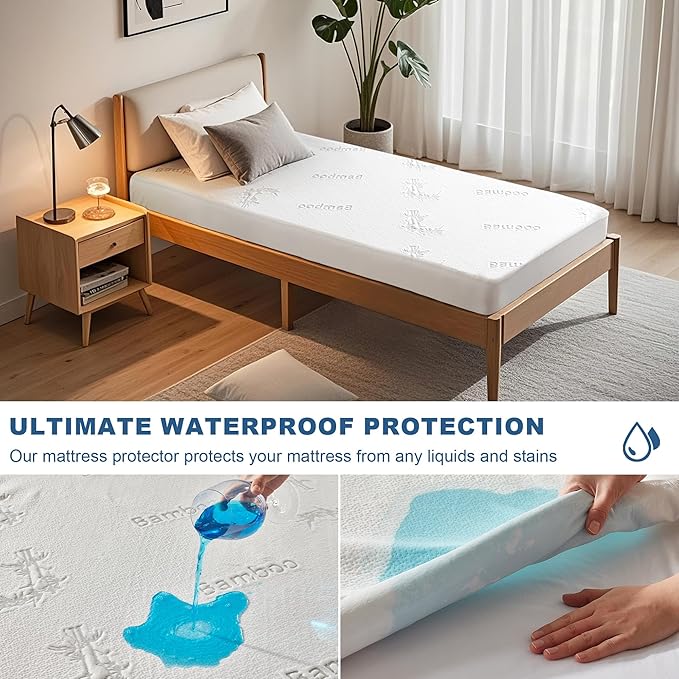 BEDLORE Twin XL Size Waterproof Mattress Protector Viscose Derived from Bamboo, Soft Mattress Cover Fitted with Deep Pocket 6"-15", Breathable & Cooling Noiseless Mattress Pad, Machine Washable(White)