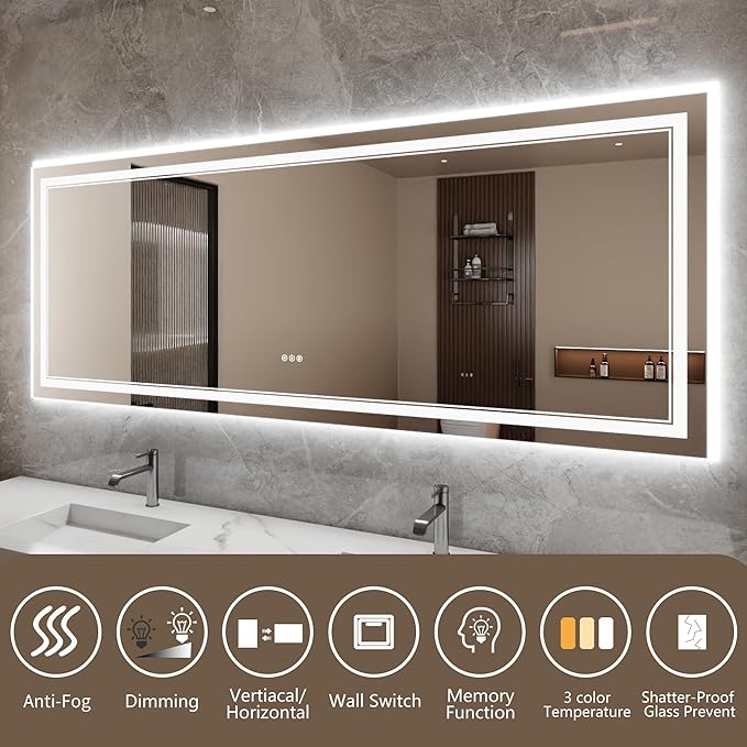 Bathroom Mirror with Lights 32"X84" with Front Light and Backlit, Tempered Glass, Wall Mount Horizontal/Vertical, Stepless Dimmable, 3 Colors, Anti Fog, Bathroom Memory LED Mirror