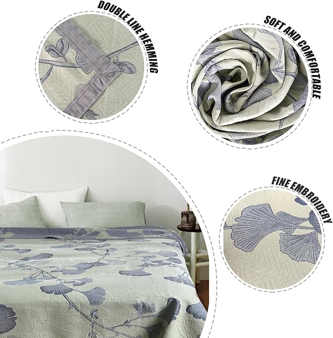 Ginkgo Leaf Quilt Queen Size Green Gray Reversible Cotton Bedspread Coverlet for All Seasons Lightweight Muslin Quilt Throw Blanket for Bed, Couch(Queen)