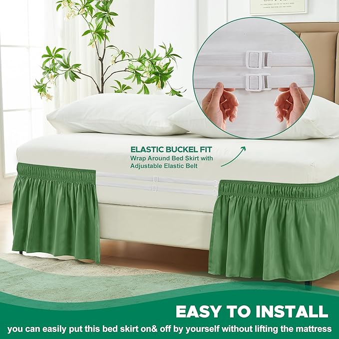 Biscaynebay Wrap Around Bed Skirts for King & Cal King Beds 16" Drop, Sage Adjustable Elastic Dust Ruffles Easy Fit Wrinkle Resistant Silky Luxurious Fabric Machine Washable