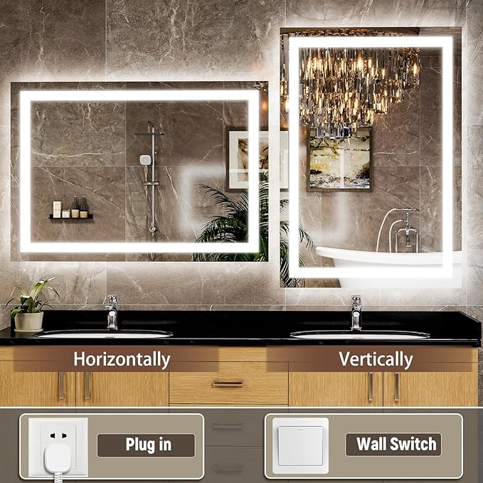 GLSLAND 30"x40" LED Bathroom Mirror with Lights, Dimmable Front and Backlit Vanity Mirrors, Wall Mounted Anti-Fog Lighted Mirror, Horizontal/Vertical Hanging