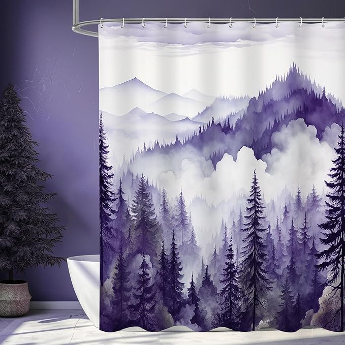 Purple Misty Pine Forest Shower Curtain, Mountain Foggy Woodland Scenery Tree Shower Curtains for Chic Rustic Bathroom, Abstract Modern Waterproof Nature-Themed Decor, 72x72 Inches