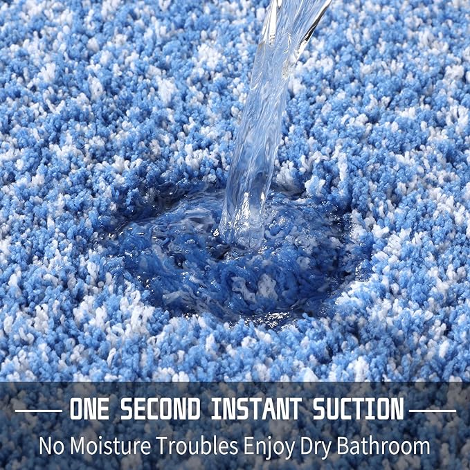 Yimobra Toilet Rugs U Shaped Washable 24x20, Ultra Soft and Water Absorbent Bath Mats, Non Slip Fluffy Shaggy Luxury Microfiber Contour Bath Rugs for Toilet, Dry Quick, Blue and White