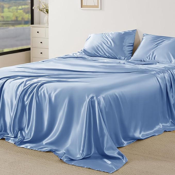 Bedsure Satin Sheets King Size - 4 Piece Silky Bedsheets with 15 Inches Deep Pocket Fitted Bedsheet,1 Flat Sheet, 2 Satin Pillowcases, Good for Hair & Skin (King, Sky Blue)